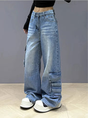 Bxoxo Street Vintage Cargo Jeans Women New Y2K Harajuku Wash Blue Multiple Pockets Baggy Jeans Denim Pants Bf High Waist Wide Trousers