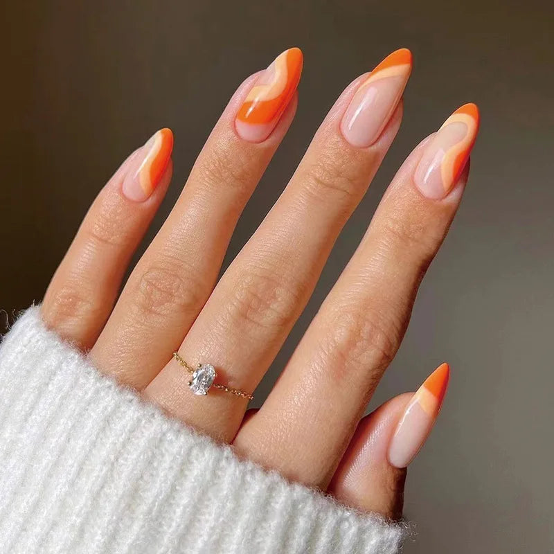 Bxoxo 24P French Oval False Nails Girls White Edge Design Nude Color Wearable Press on Nail Full Cover Short Acrylic Almond Fake Nails