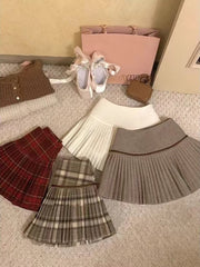 Bxoxo Vintage Plaid Pleated Skirts Women Y2K Autumn Winter Preppy Faux Woolen Mini Skirts Female High Waist Sweet Blended Skirts New
