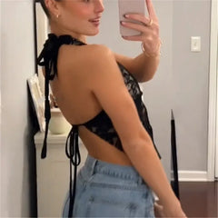 BXOXO Vintage Transparent Lace Tees Sexy Backless Bandage Halter Crop Tops Women Chic Patchwork Tees Ladies Summer Clubwear