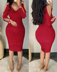 BXOXO Sexy Rhinestone Decor Cold Shoulder Ruched Bodycon Long Sleeve Dress Midi Skinny Party women's dresses