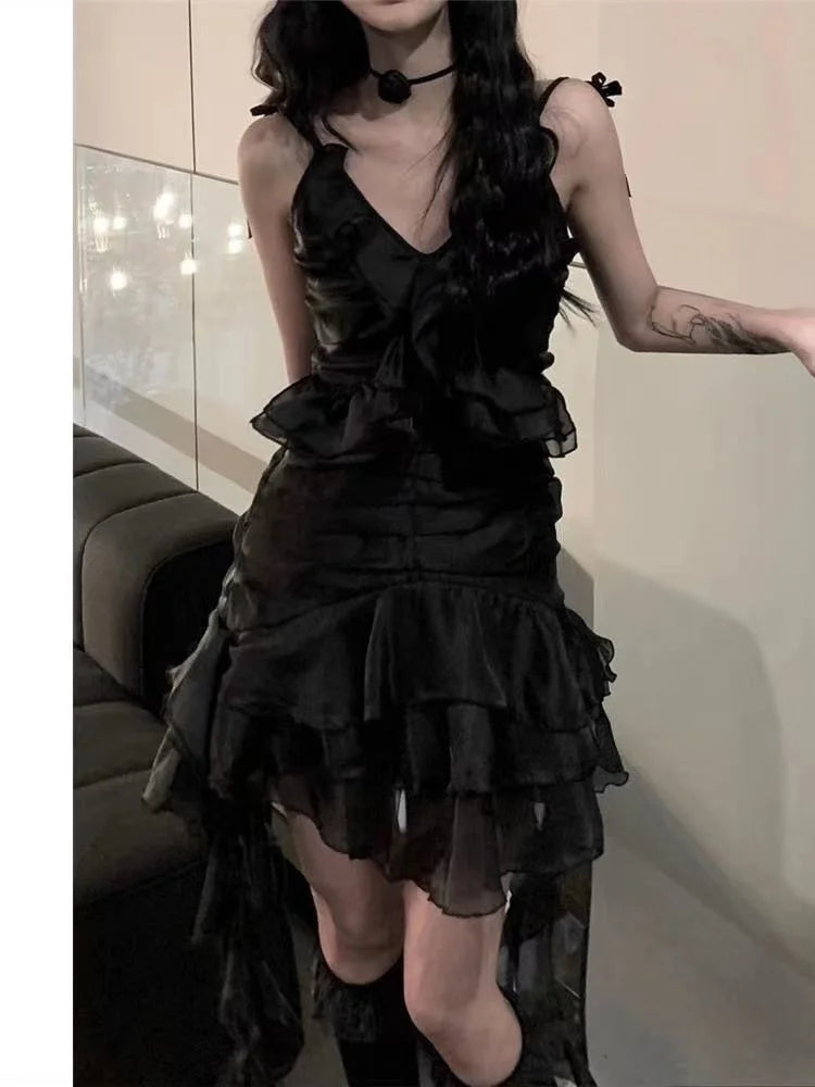 BXOXO  Japanese Sexy Dark Sleeveless V-neck Women Dresses Cascading Ruffles Asymmetrical Femme Robe Harajuku 2025 Summer Camisole Dress
