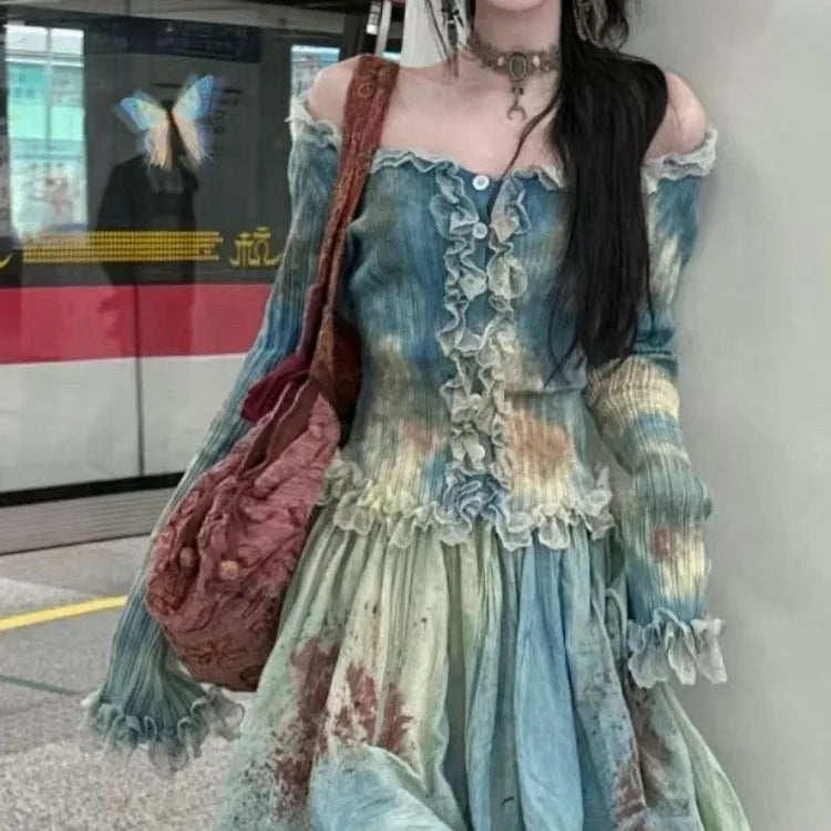 BXOXO Elegant Vintage Tie Dye Slim Fit Fungus Long Sleeve Tops Women+ Y2k High Waist Ruched Skirts 2025 Summer New Two Piece Sets