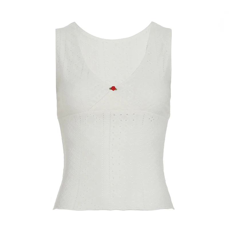 BXOXO Holiday Hollow Out Crop Top White Sleeveless V Neck Skinny Vest Women Casual Solid Tank Tops Summer Basic Tee y2k Vintage