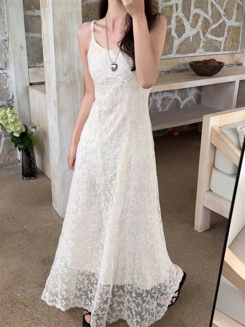 Bxoxo Vintage Embroidered Women Camis Dress Korean Chic Spaghetti Straps Midi Dress Y2K Ladies Elegant Beach Party A Line Dress