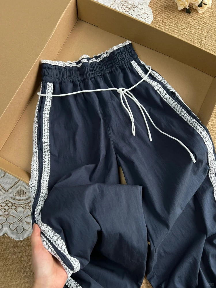 Bxoxo Korean Lace Patchwork Women Harajuku Casual Trousers Wide Leg Pants High Waist Pant Y2k Aesthetic Joggers Hip Hop Pantalones