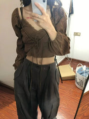 BXOXO Y2k Aesthetic Fashion Two Piece Set Preppy Style Bandage Shirt + Streetwear Lace Patchwork Crop Top Vest 2  Suits Summer