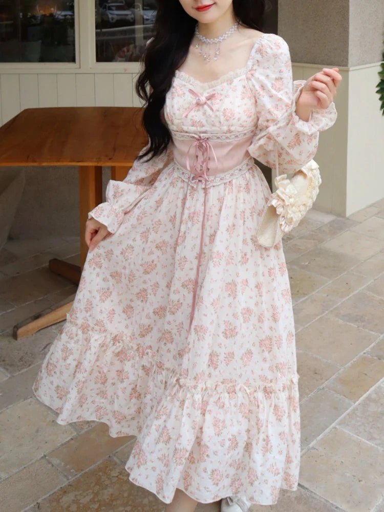 BXOXO Spring Pink Floral Elegant Dress Women Bandage Lace Print Sweet Vintage Dress Puff Sleeve Kawaii Dress Women Princess Fairy