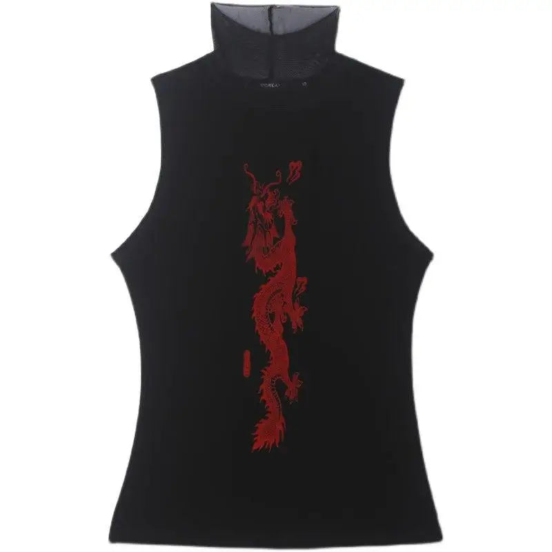 BXOXO Vintage Print Tops Women Sleeveless Slim American Retro Crop Tops Grunge Y2k Tank Tops Turtleneck Streetwear Tee Tops