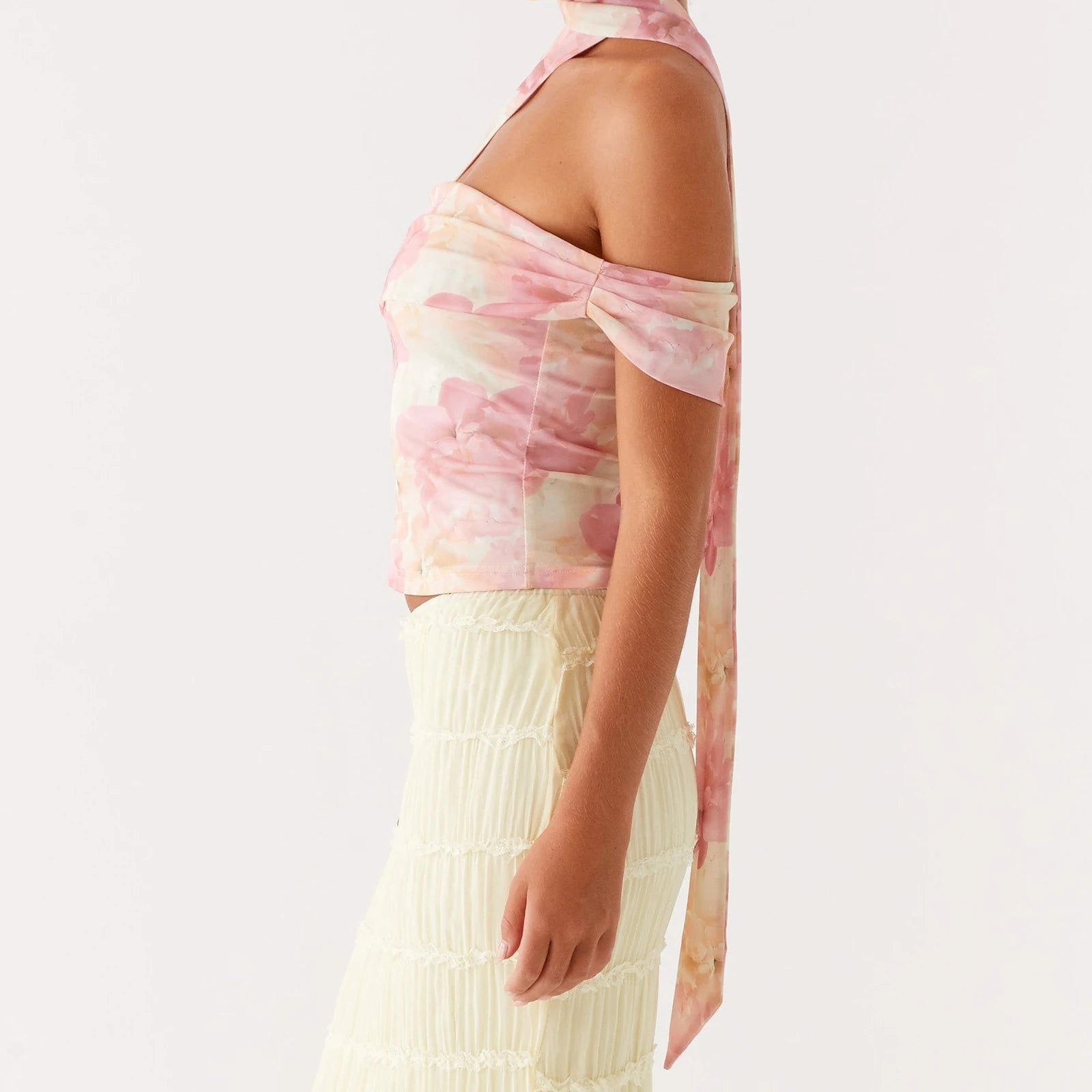 BXOXO Y2k Strapless Floral Tube Top with Neck Scarf Shirt One Shoulder Mesh Ruched Crop Tank Going Out Top for Women