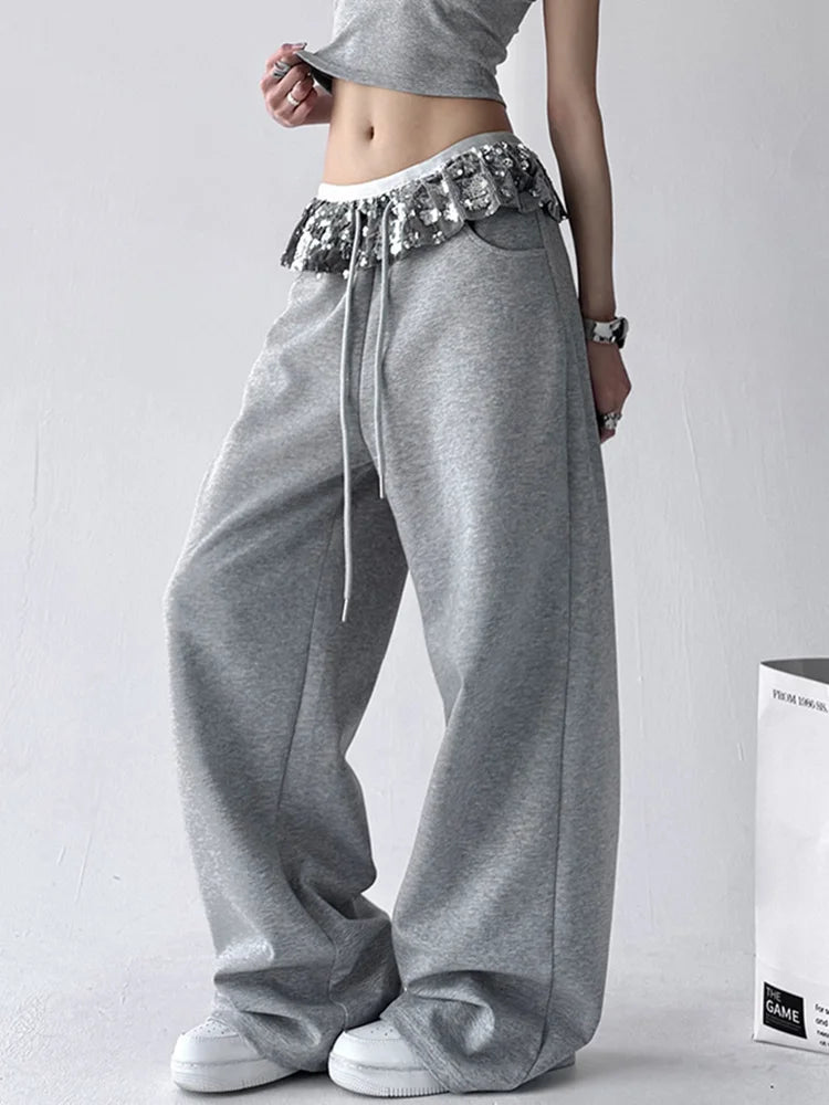 Bxoxo Chic Bright Silk Patchwork Sweatpants Women Loose Streetwear High Waist Casual Pant Fashion Pockets Fall American Gray Trousers