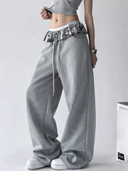 Bxoxo Chic Bright Silk Patchwork Sweatpants Women Loose Streetwear High Waist Casual Pant Fashion Pockets Fall American Gray Trousers