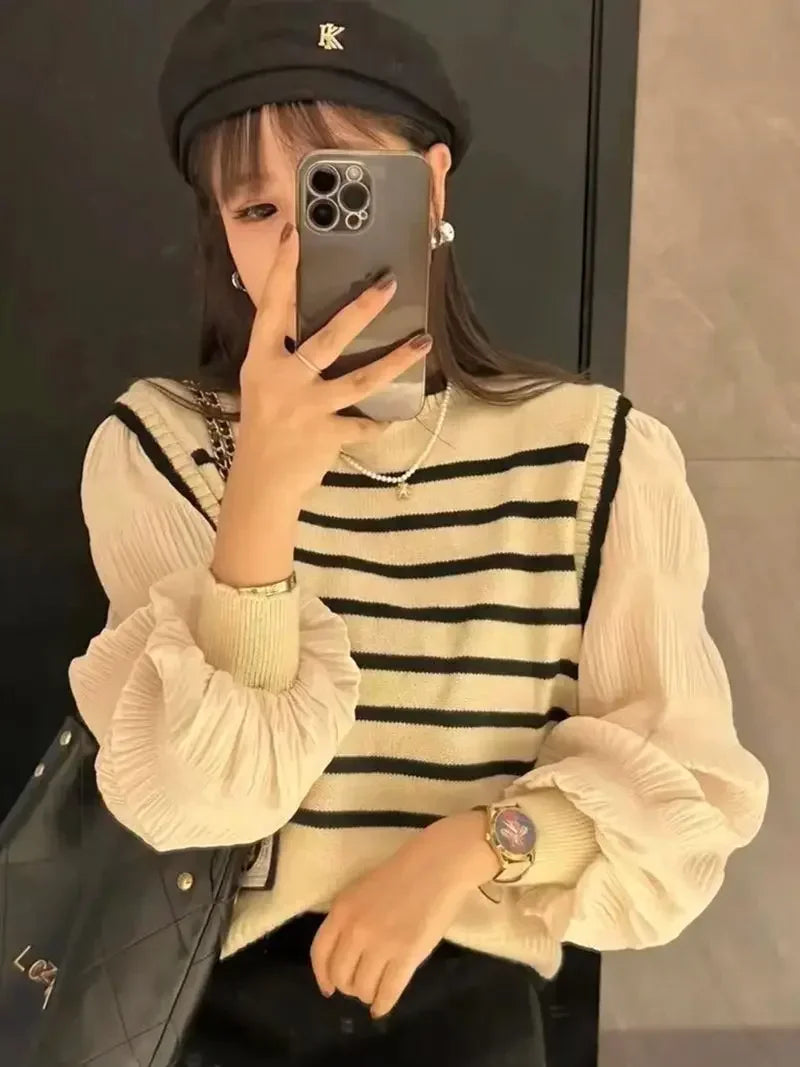 Bxoxo women Black and white striped fake two-piece knitted sweaters pring and autumn Korean soft glutinous pullover sweater female