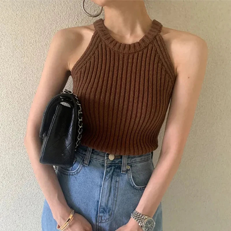Bxoxo Elegant Slim Knitted Camis for Women Summer Korean Chic O Neck Sleeveless Tank Y2K Solid Simple Basic All Match Vest Mujer