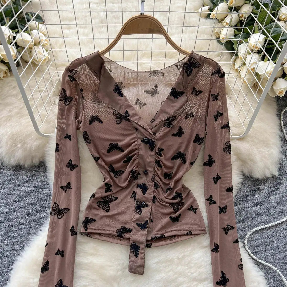 Bxoxo Butterfly Print Blouse Summer Long Sleeve V Neck Y2K 2024 Slim Vacation Ladies High Street Fashion Casual Shirt