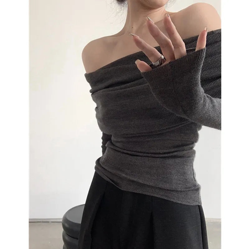 BXOXO Women Slash Neck Sweater Long Sleeve Knitwear Solid Off Shoulder Autumn Thin Pullovers Office Lady Elegant Tops