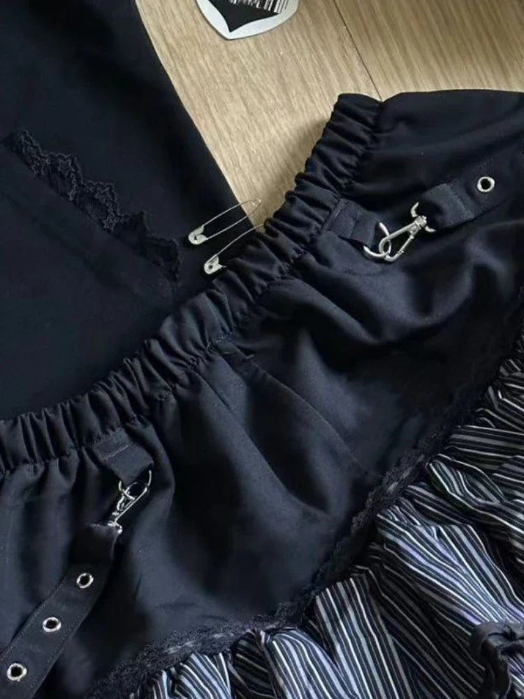 BXOXO Harajuku Girls Stripe Punk Grunge Skirts Women Y2k Aesthetic High Waist Cake Mini Streetwear Lace Vintage Kawaii Mini Jupe