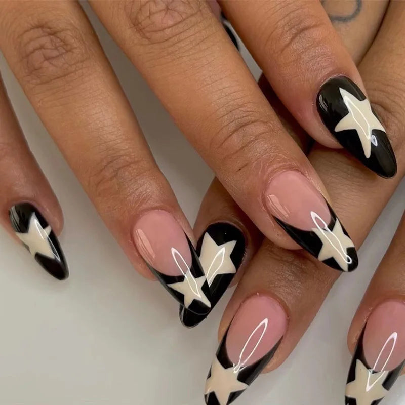 Bxoxo 24P French Oval False Nails Girls White Edge Design Nude Color Wearable Press on Nail Full Cover Short Acrylic Almond Fake Nails
