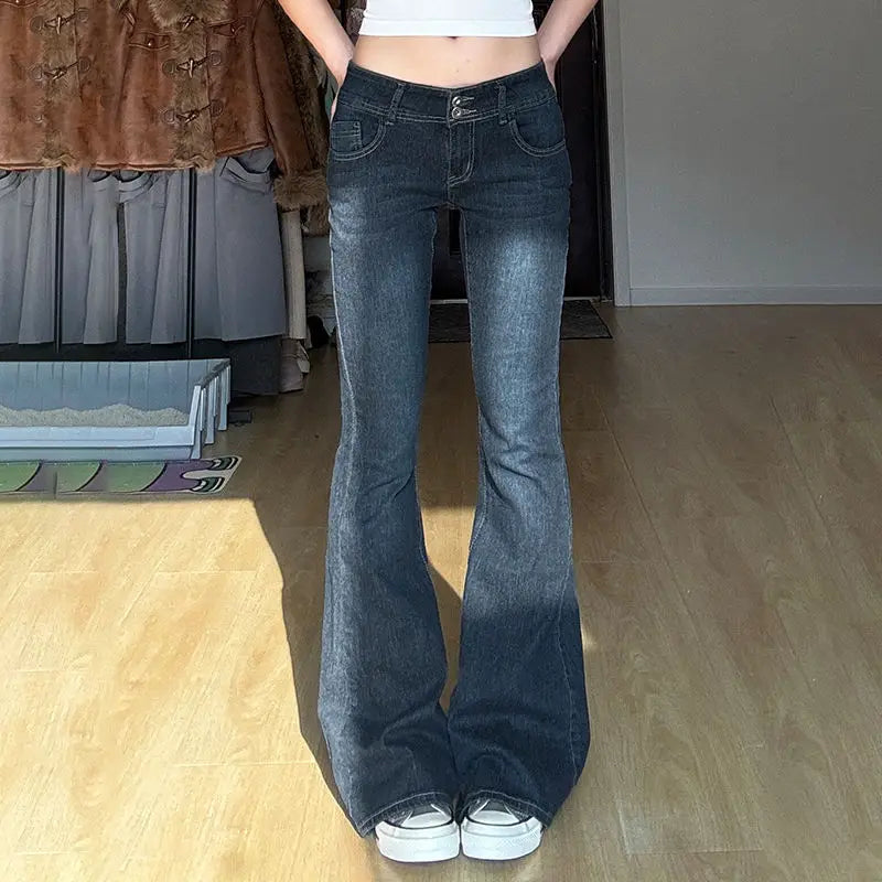 Bxoxo Vintage Washed Basic Flared Jeans Women Low Waist American Style Slim Denim Pants Button-up Trousers Casual Aesthetic