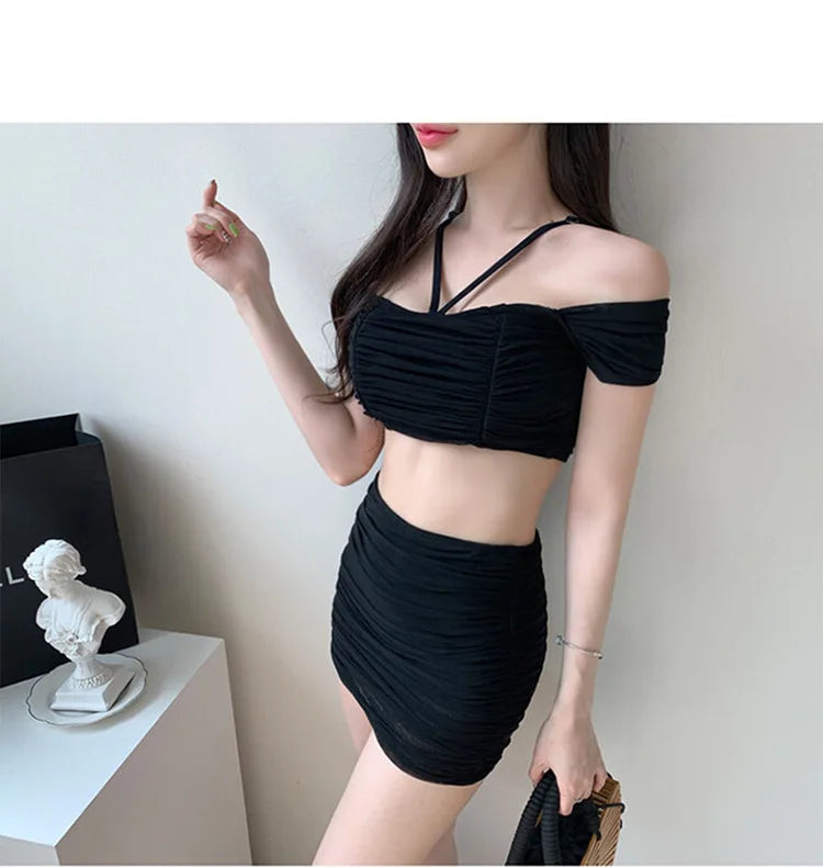 Bxoxo Korean Style Sexy Solid Swimsuit Two Pieces Women Bikini Set Push Up Swimsuit Beach Summer Pleated Swimwear Bikinis