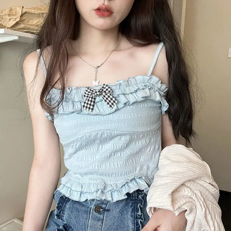 BXOXO Kawaii Candy Color Crop Top Women Japanese Lolita Sweet Tank  Boe Ruffle Short Tee Shirt All Match Cute s Summer
