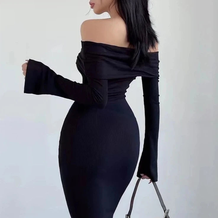 BXOXO Long Dress Y2K Long Sleeve Dress Women Clothes Off Shoulder Maxi Dress Autumn Winter Streetwear Bodycon Trumpet Black Dress