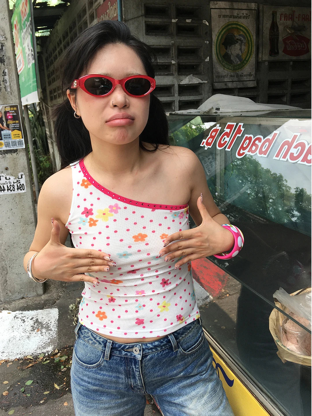 Bxoxo Y2k Japanese Tank Tops Women Patchwork Sleeveless Print Floral Tops Off Shoulder Camis Tops Irregular Summer T-shirts