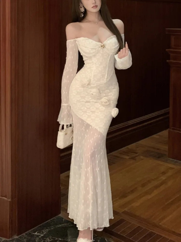 Bxoxo Sexy Bodycon Party Women's Dresses Elegant Slash Neck Lace Patchwork Off Shoulder Long Sleeves Evening Dress Vestidos Long Robe