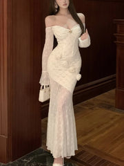 Bxoxo Sexy Bodycon Party Women's Dresses Elegant Slash Neck Lace Patchwork Off Shoulder Long Sleeves Evening Dress Vestidos Long Robe