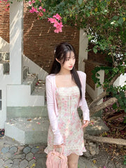 Bxoxo Summer Japanese 2 Piece Dress Set Women Elegant Casual Cardigan + Sweet Slim Floral Y2k Mini Dress Elegant Beach Korean