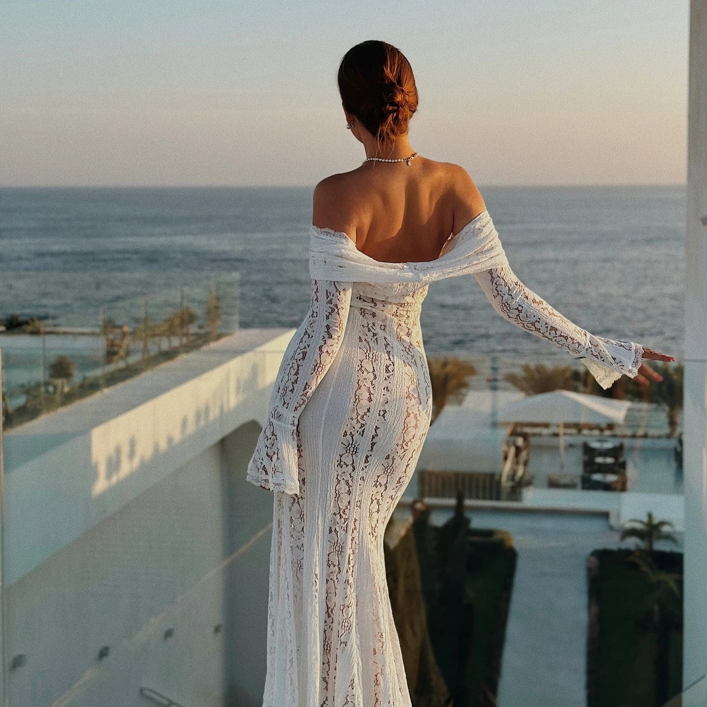 BXOXO Women's Lace Bodycon Maxi Dress Black Long Elegant Wedding Guest Party Dresses Flare Sleeve Evening Dress