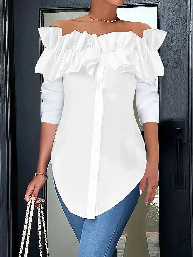 BXOXO Sexy One-piece Collar Slim White Shirt And Blouses Women's Summer Short Sleeve Fashion Ruffle Button Cardigan Female Shirts Top