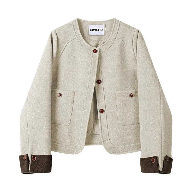 Bxoxo Autumn Faux Wool Crop Coat Women Y2K Korean Vintage Loose Thick O Neck Coats Female Streetwear All Match Cargo Outerwear New