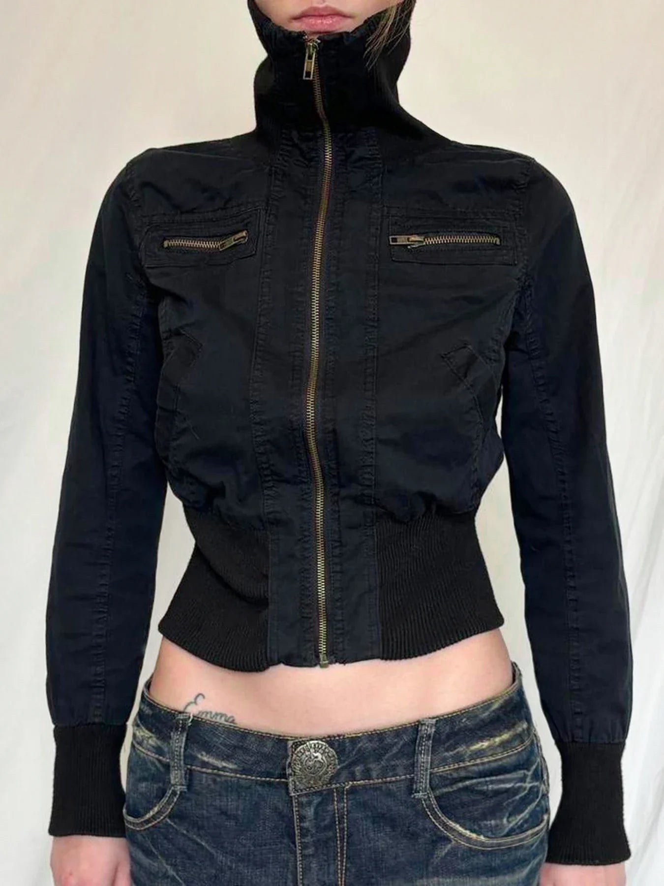 BXOXO Y2k Vintage Streetwear Medium-high Neckline Zipper Jacket Tops All Match Waist Slimming Woven Short Coats Korean Solid