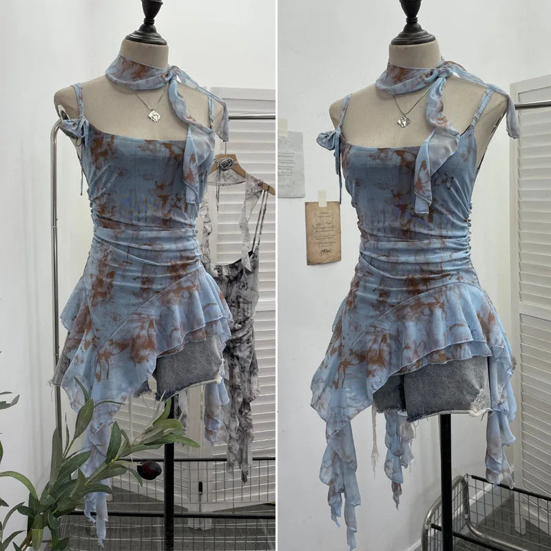 BXOXO Women's Vintage Tie-dye Printed Mesh Spaghetti Strap Camisole Hot Girl Irregular Ruffled Ribbon Sleeveless Top Partyclub 1185