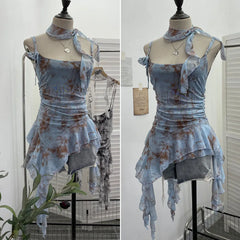 BXOXO Women's Vintage Tie-dye Printed Mesh Spaghetti Strap Camisole Hot Girl Irregular Ruffled Ribbon Sleeveless Top Partyclub 1185