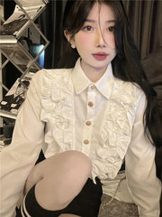 Bxoxo French Ruffle White Shirt Women Japanese Sweet Lolita Long Sleeve Female Blouse Y2K Kawaii Preppy All Match Chic Crop Tops New