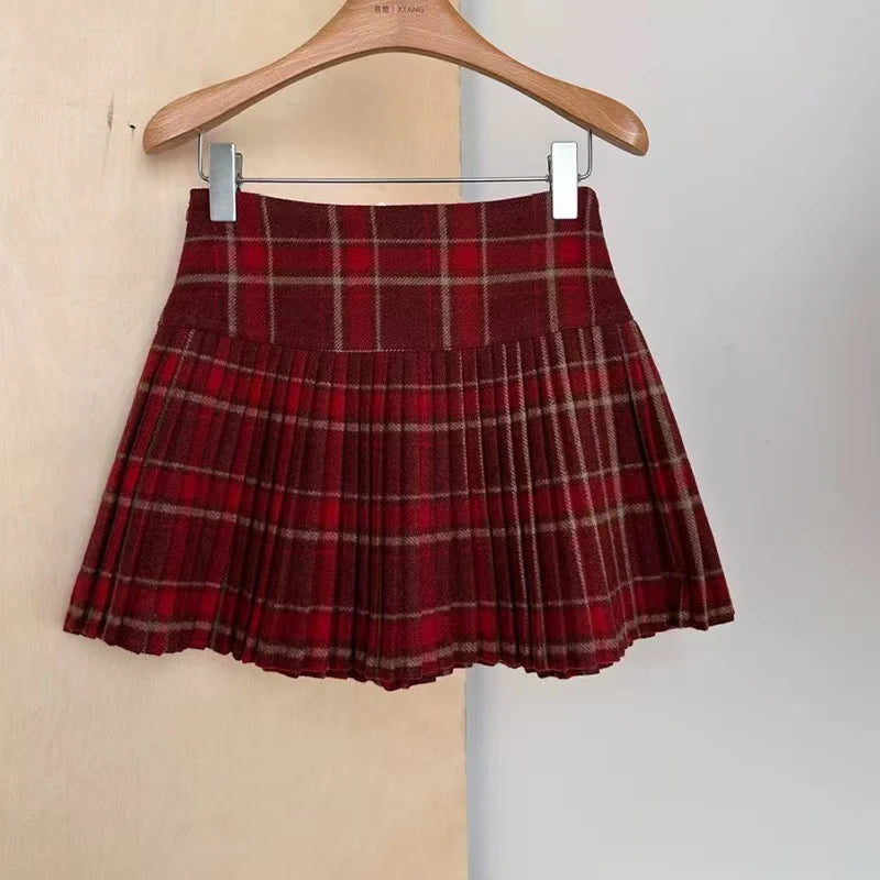 Bxoxo Vintage Plaid Pleated Skirts Women Y2K Autumn Winter Preppy Faux Woolen Mini Skirts Female High Waist Sweet Blended Skirts New