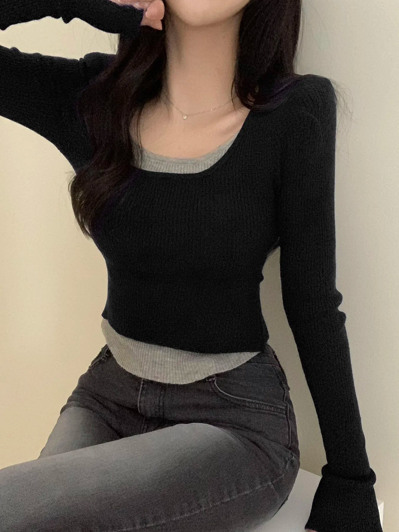 Bxoxo Contrast Stitching Crop Top Harajuku y2k Casual Full Sleeve Patchwork T-shirts for Women Fall Basic Tee Ladies Streetwear
