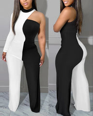BXOXO Colorblock One Shoulder Long Sleeve Jumpsuit Sexy Skinny Jumpsuit Women Sexys Female One-pieces New Fashion Rompers