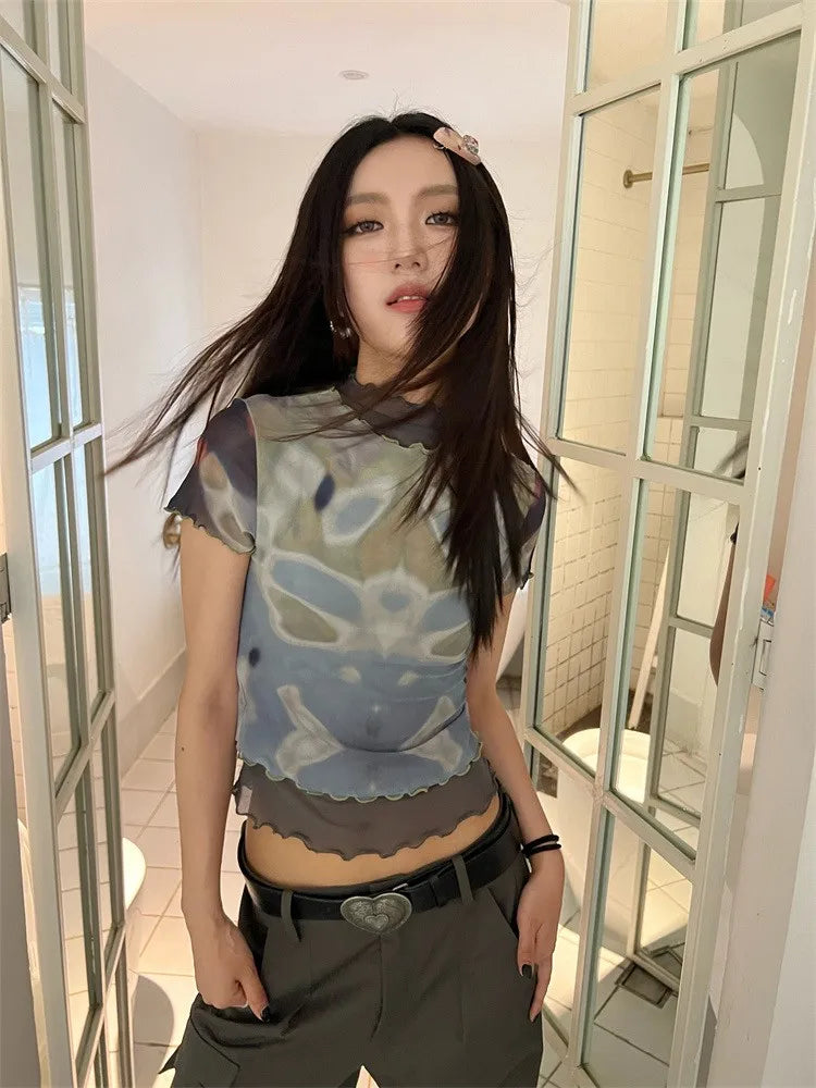 BXOXO Kawaii T Shirt Women Patchwork Mesh Tops Y2k Crop Tops Streetwear Retro Tee Tops Tie Dye Tshirts Japanese Grunge Tops