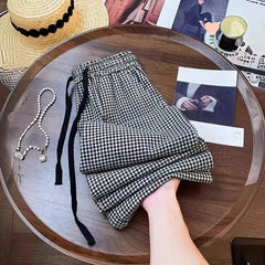 Bxoxo Korean Chic Plaid Casual Pants Women Summer High Waist Retro All Match Wide Leg Pants Y2K Loose Drawstring Straight Trousers