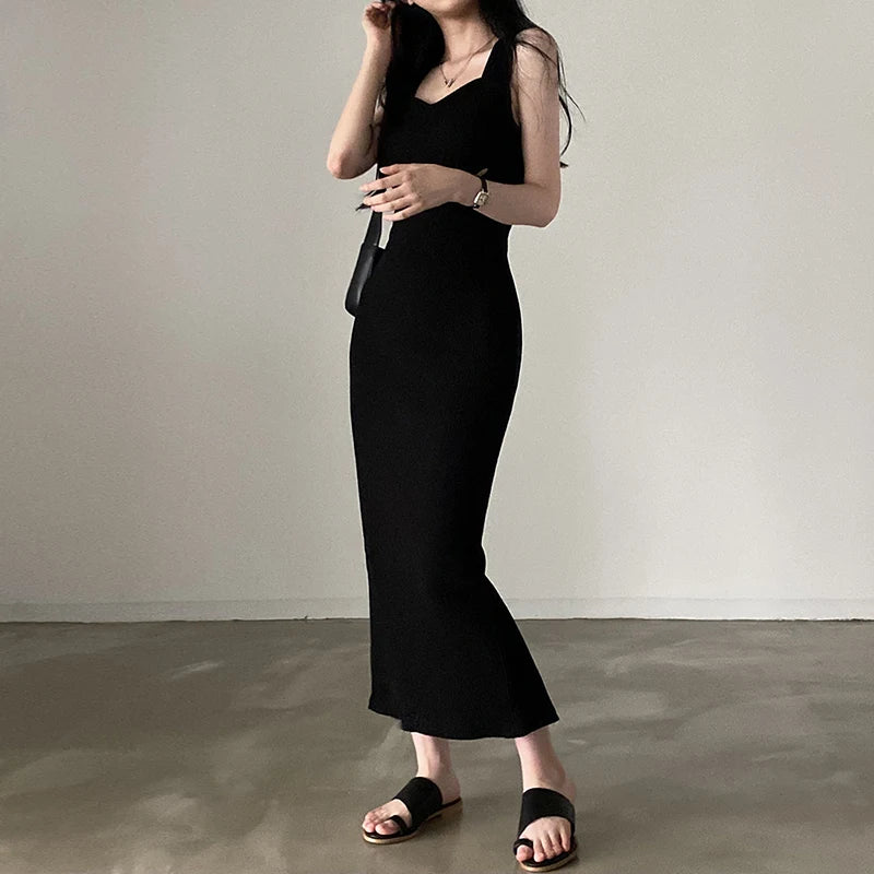 BXOXO Basic Knit Long Dress Korean Fashion Square Collar Sleeveless Women's Dresses Summer Casual Y2k Vintage All-match Outftis