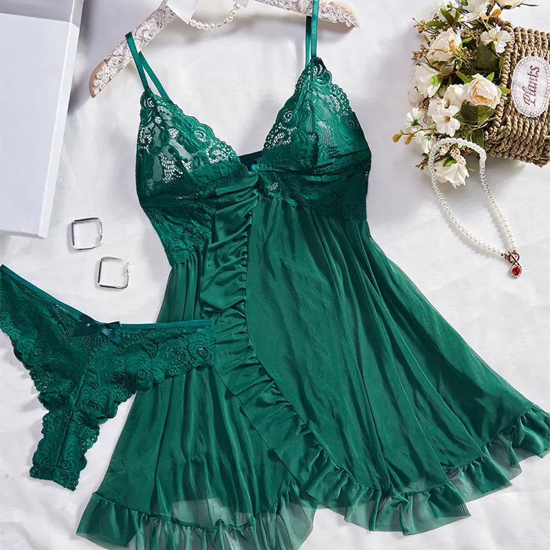 BXOXO Y2K Summer new lace up Halter backless dress European and American sexy hollow pleated Hip Wrap SkirtThin Style G-string Contrast Lace Ruffle Trim Lingerie Set Deep V Slip Dress Thong Women's Sexy Lingerie Lencería Muj