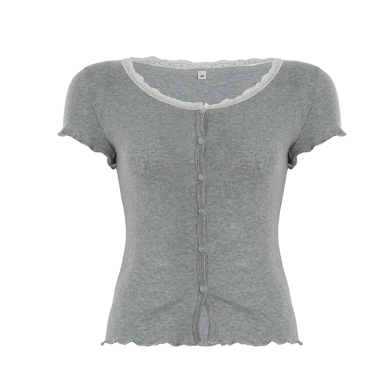 Bxoxo Kawaii Lace Stitching Grey Knitted Crop Top Korean Fashion Short Sleeve Button-up Skinny T-shirt for Women Y2k Streetwear