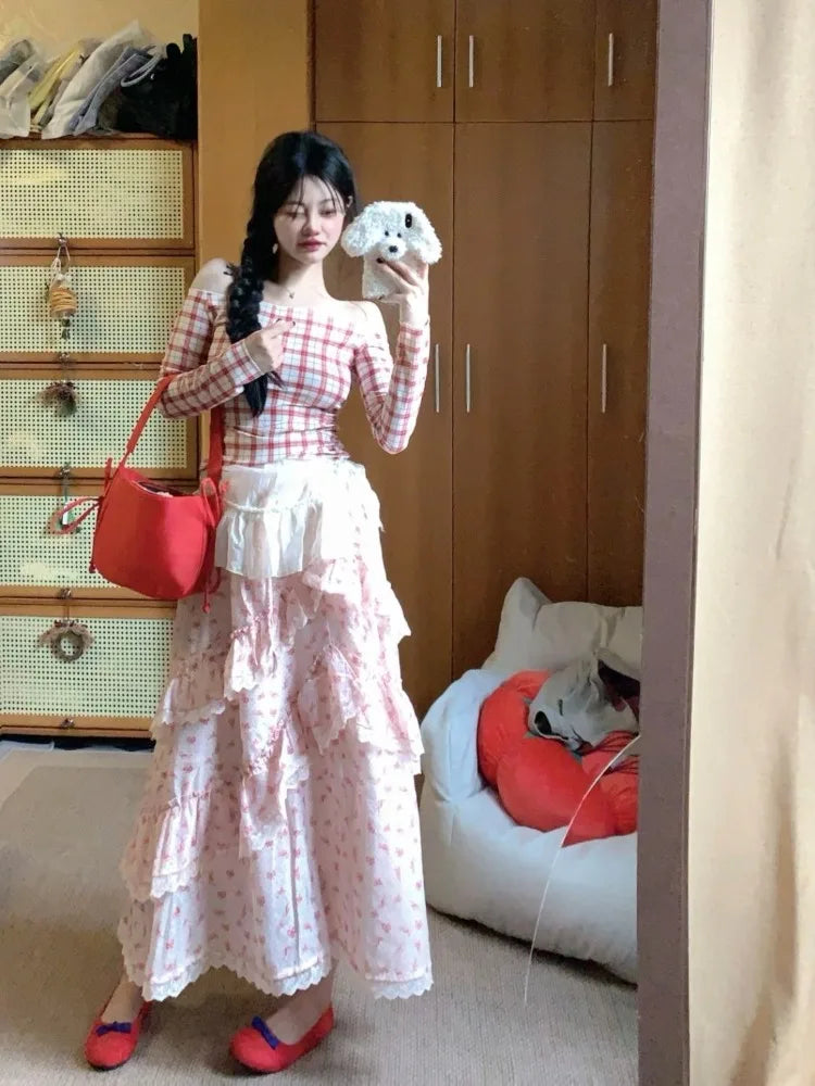 BXOXO Skirts Women Polka Dot Bow Printed Lace Patchwork Ruffles Sweet Summer Fashion Cake Long Skirt Female Casual Chic