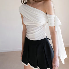 Bxoxo Solid Sexy Off Shoulder Casual Slash Neck Bow Pleated Slim Fit Crop Tops Y2K Spring Summer New Daily Cute Fashion Vest