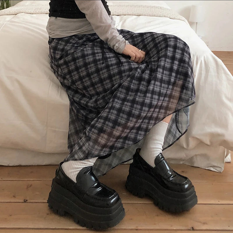 Bxoxo Preppy Style Plaid Print Mesh Skirt Casual All-match Loose A-line Long Skirts for Women Summer Retro Skirt Korean Fashion