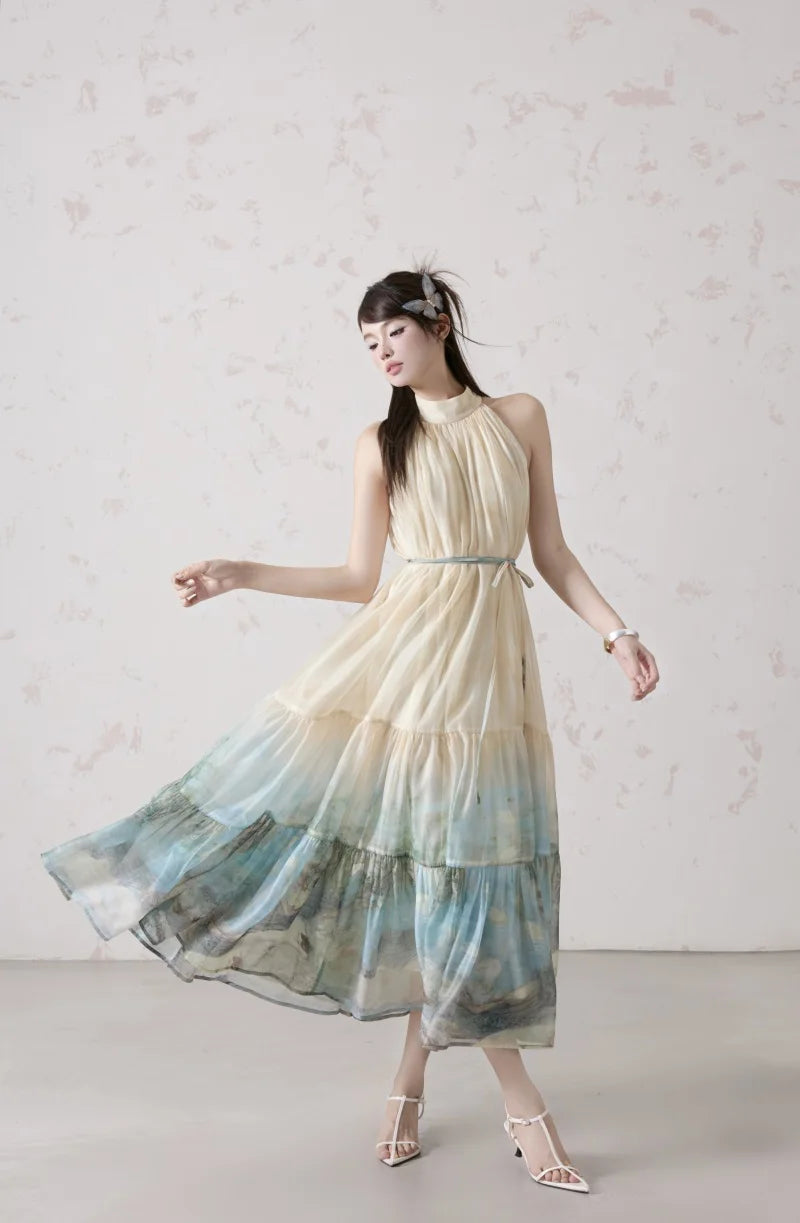 Bxoxo Women Summer Fashion Vintage Print Hanging Neck A-Line Dress Off-shoulder Sleeveless Pleated Dresses Casual Female Clothes Robe