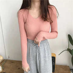 BXOXO Women V-Neck Slim Sexy Sweater Knit Long Sleeve Solid Bottoming Sweater Casual Pullovers For Women Autumn Winter